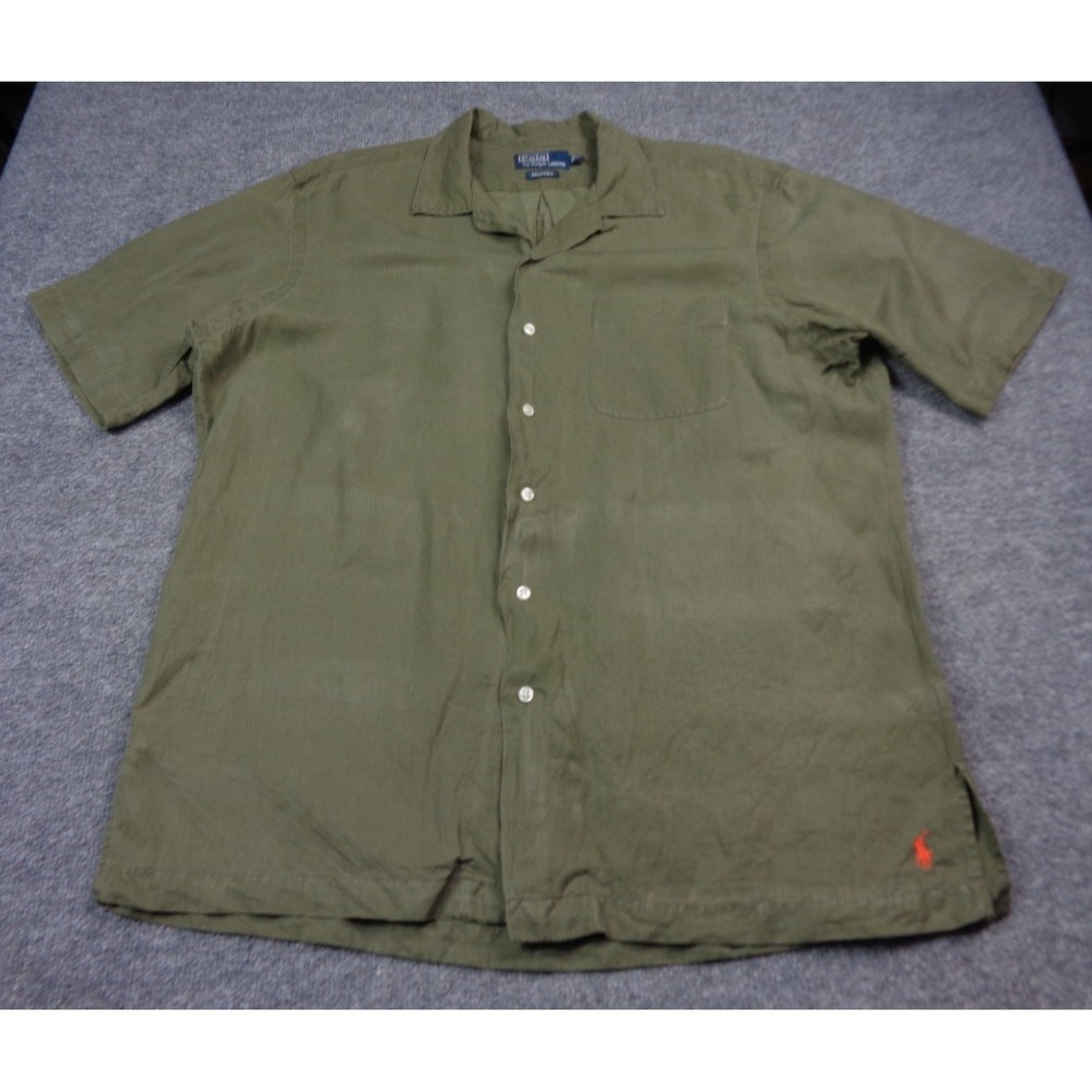 Vintage Polo Ralph Lauren Caldwell Shirt Mens Large Green Silk Linen Camp Collar